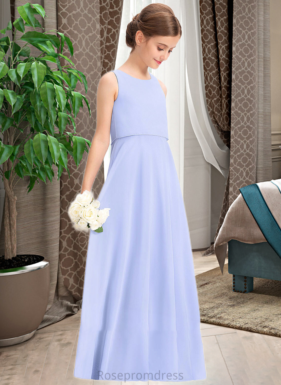 Reina A-Line Scoop Neck Floor-Length Chiffon Junior Bridesmaid Dress SRSP0013558