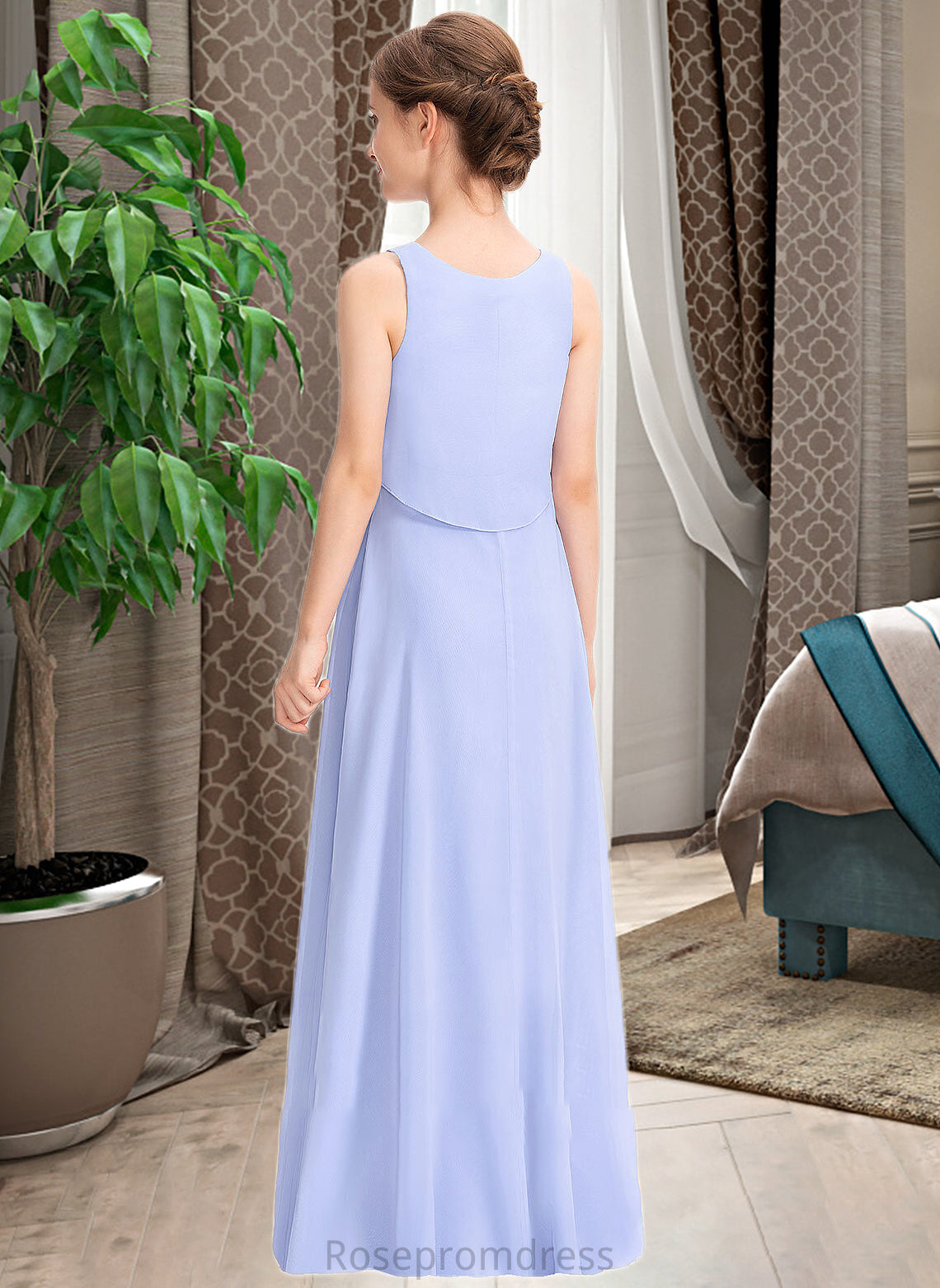 Reina A-Line Scoop Neck Floor-Length Chiffon Junior Bridesmaid Dress SRSP0013558