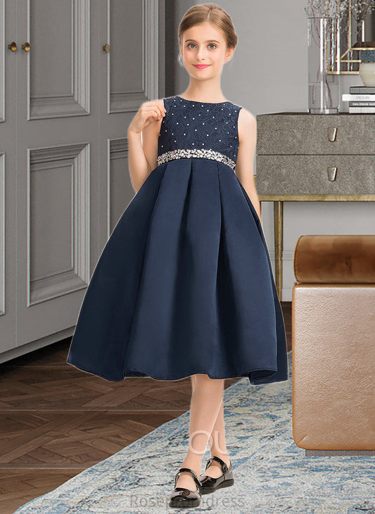 Helen A-Line Scoop Neck Knee-Length Satin Lace Junior Bridesmaid Dress With Beading Bow(s) SRSP0013559