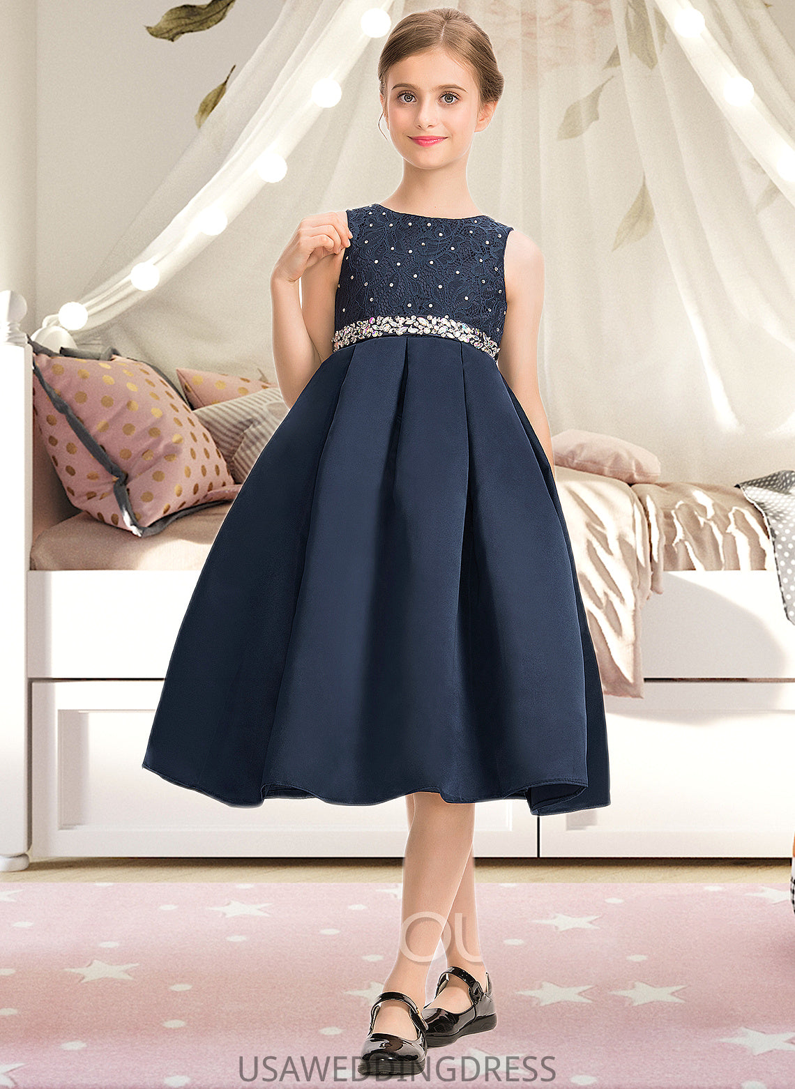 Jayleen A-Line Scoop Neck Knee-Length Satin Lace Junior Bridesmaid Dress With Beading Bow(s) DSP0013559