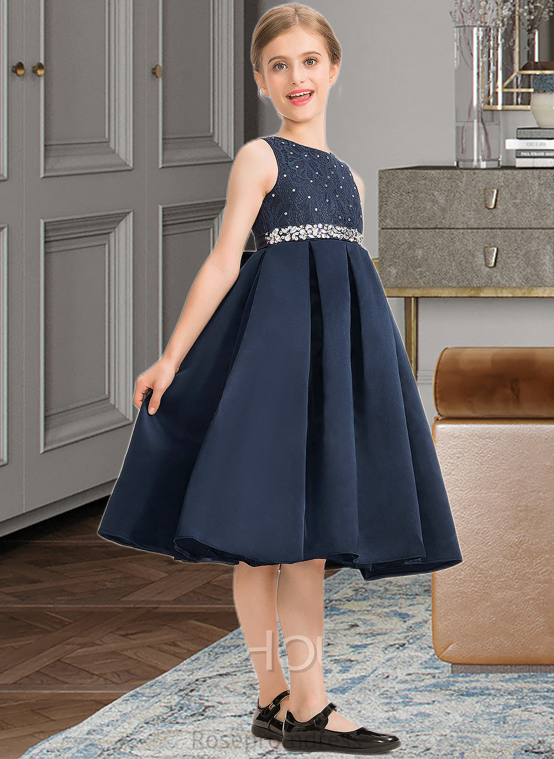 Helen A-Line Scoop Neck Knee-Length Satin Lace Junior Bridesmaid Dress With Beading Bow(s) SRSP0013559