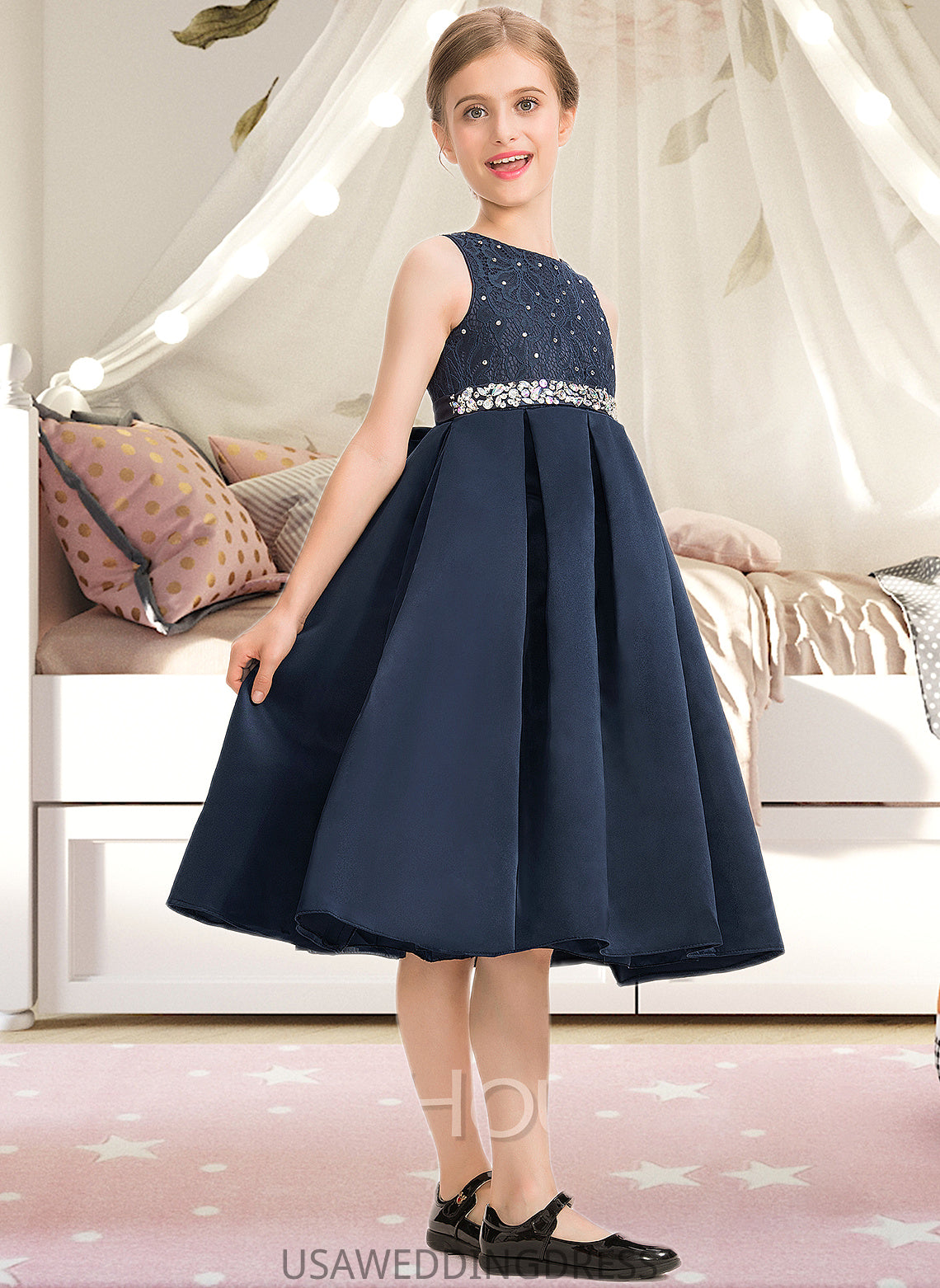 Jayleen A-Line Scoop Neck Knee-Length Satin Lace Junior Bridesmaid Dress With Beading Bow(s) DSP0013559