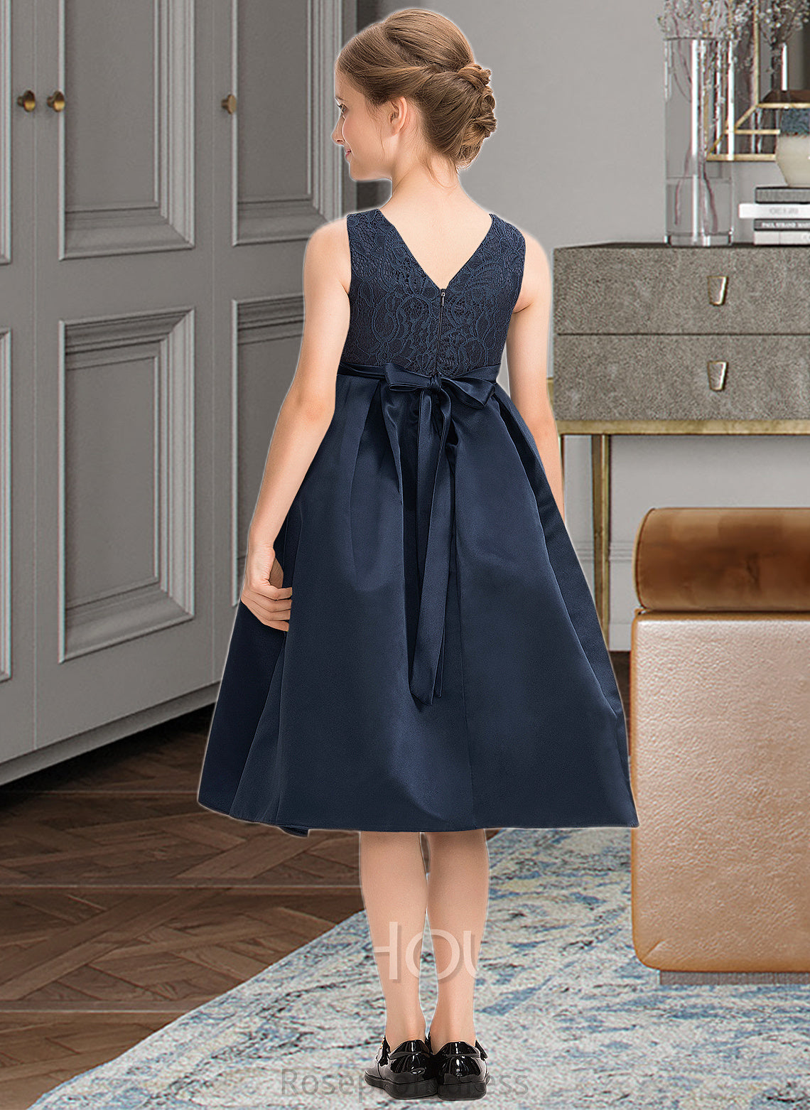 Helen A-Line Scoop Neck Knee-Length Satin Lace Junior Bridesmaid Dress With Beading Bow(s) SRSP0013559