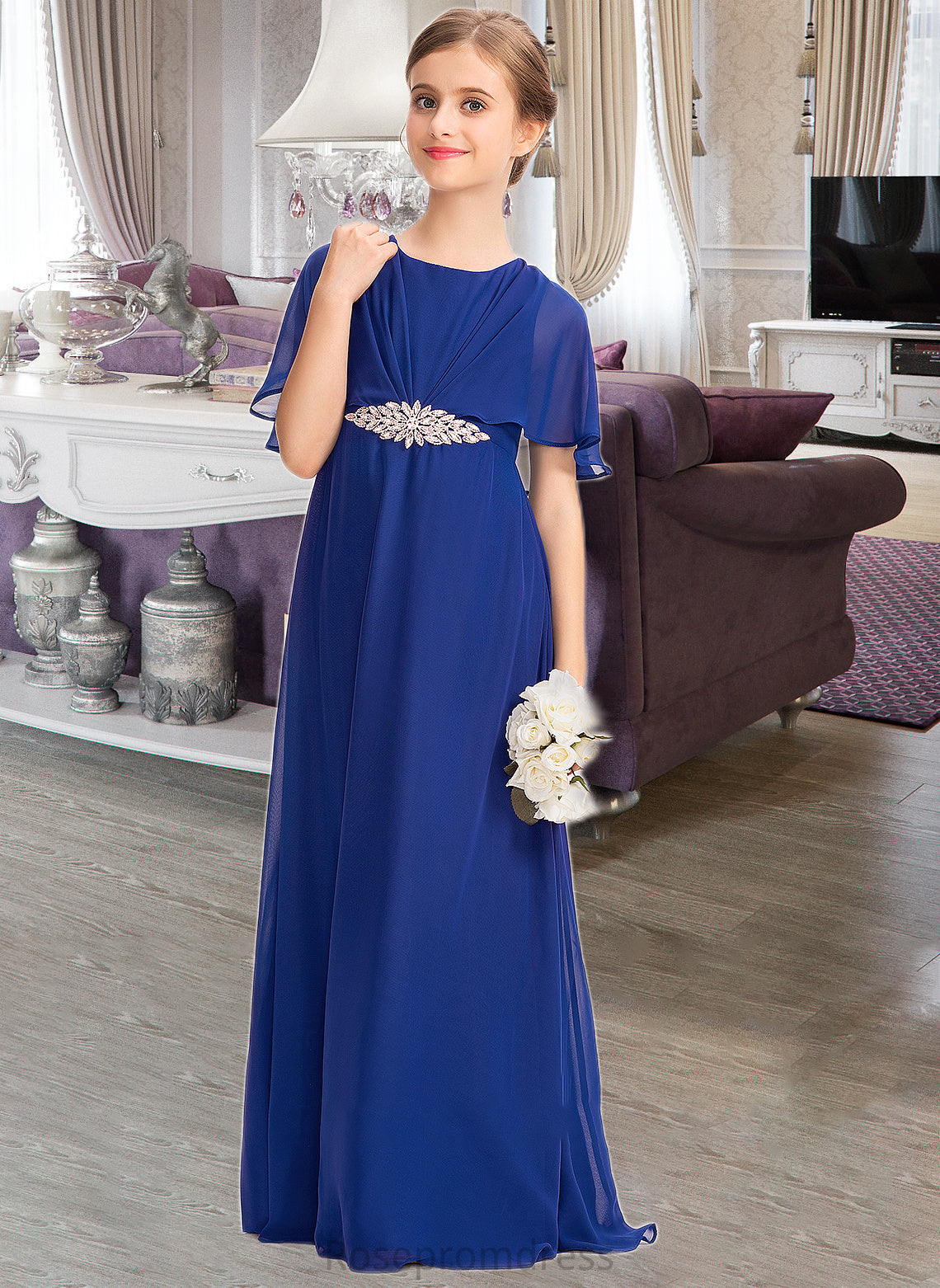 Patti A-Line Scoop Neck Floor-Length Chiffon Junior Bridesmaid Dress With Ruffle Beading SRSP0013560