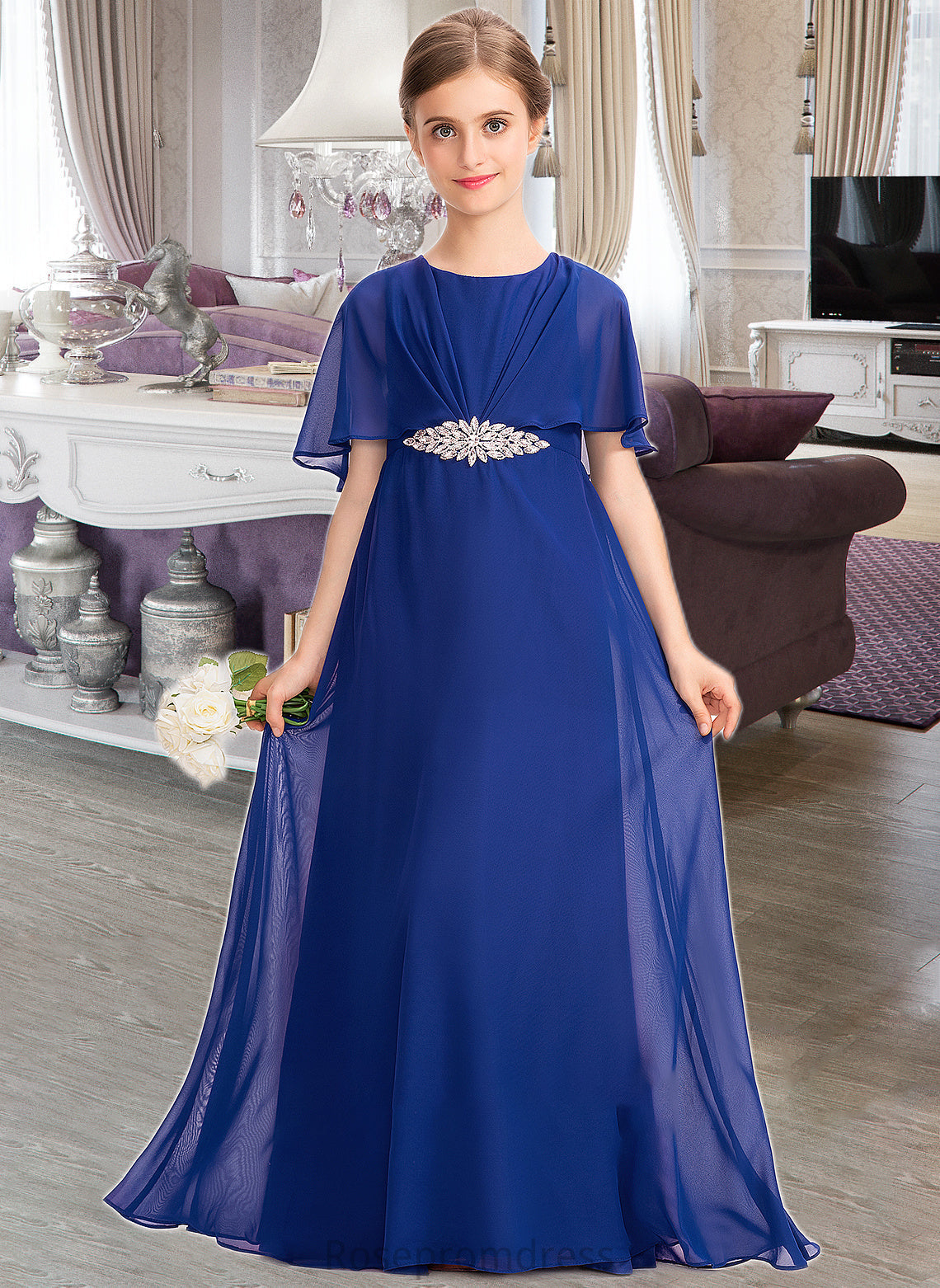 Patti A-Line Scoop Neck Floor-Length Chiffon Junior Bridesmaid Dress With Ruffle Beading SRSP0013560