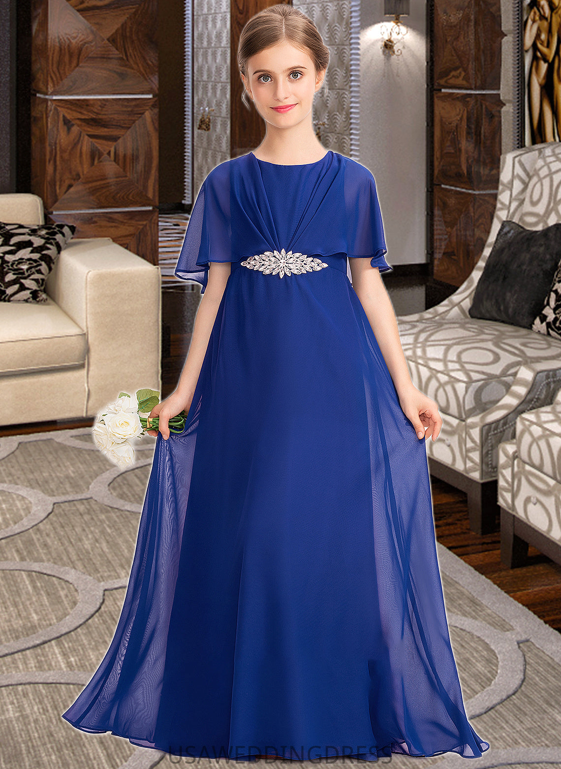 Amaris A-Line Scoop Neck Floor-Length Chiffon Junior Bridesmaid Dress With Ruffle Beading DSP0013560