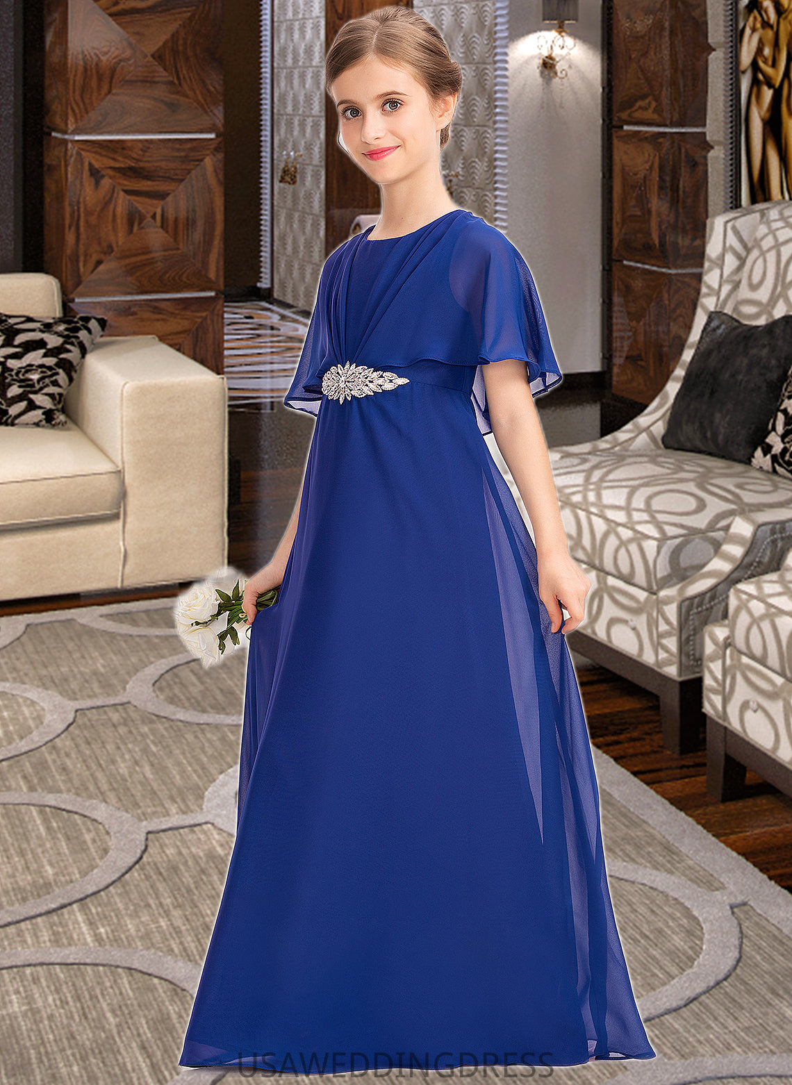 Amaris A-Line Scoop Neck Floor-Length Chiffon Junior Bridesmaid Dress With Ruffle Beading DSP0013560