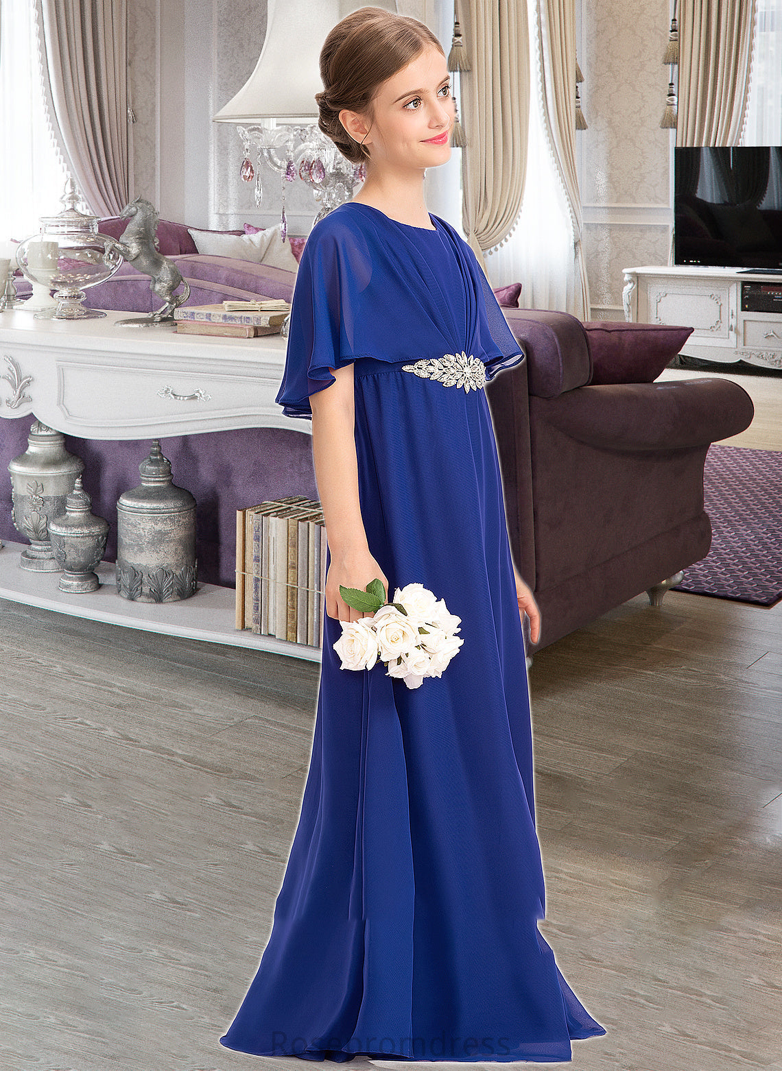 Patti A-Line Scoop Neck Floor-Length Chiffon Junior Bridesmaid Dress With Ruffle Beading SRSP0013560