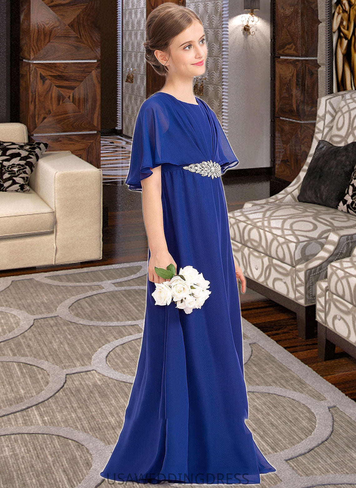 Amaris A-Line Scoop Neck Floor-Length Chiffon Junior Bridesmaid Dress With Ruffle Beading DSP0013560