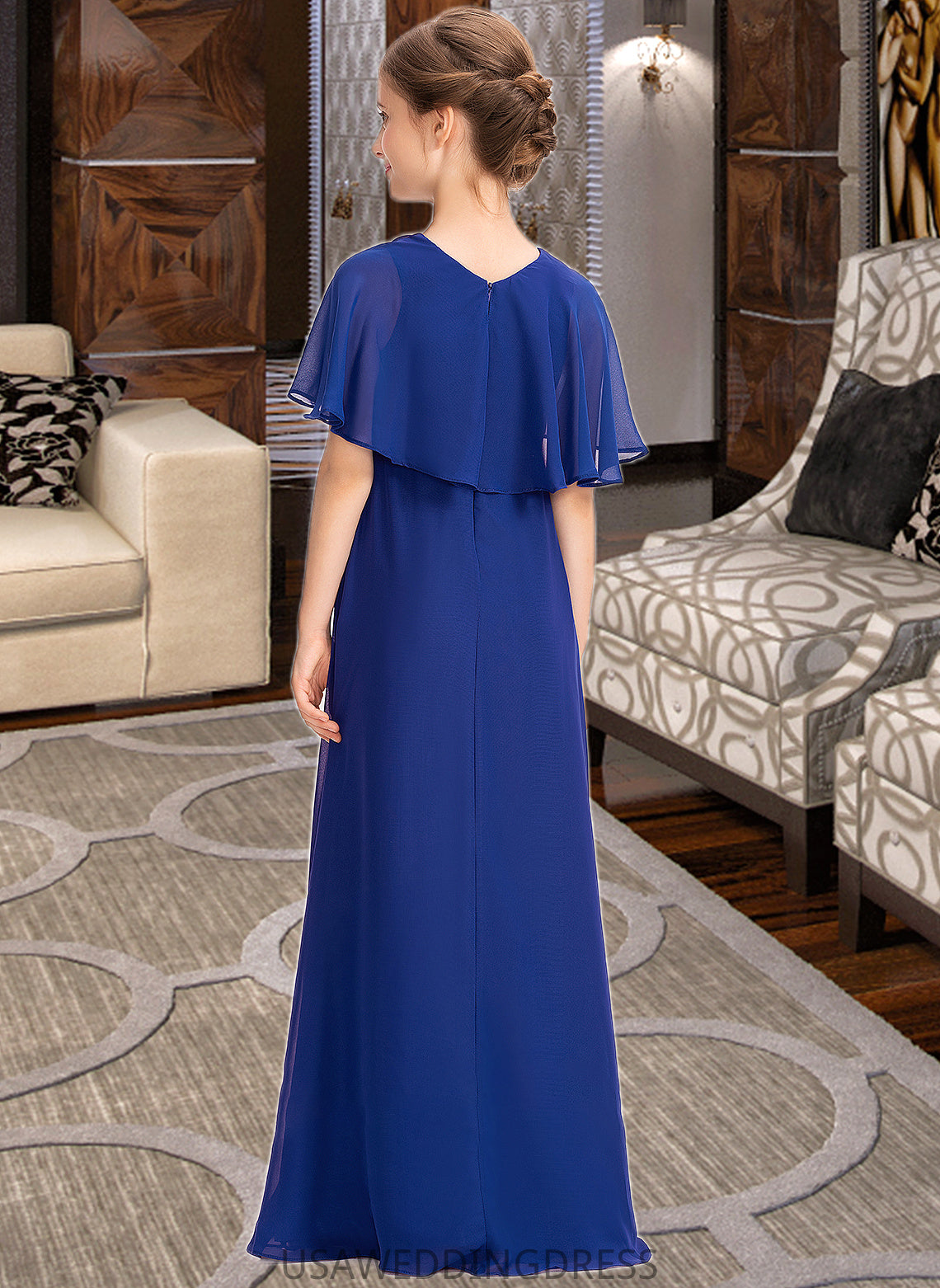 Amaris A-Line Scoop Neck Floor-Length Chiffon Junior Bridesmaid Dress With Ruffle Beading DSP0013560