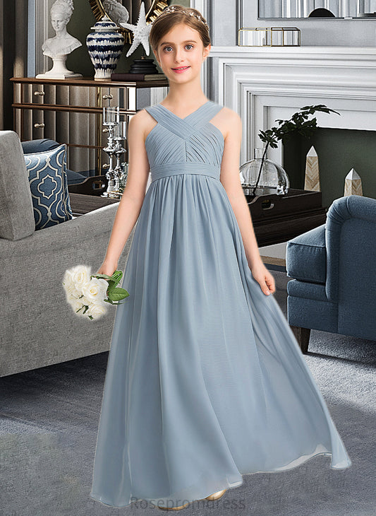 Shannon A-Line V-neck Floor-Length Chiffon Junior Bridesmaid Dress With Ruffle SRSP0013561