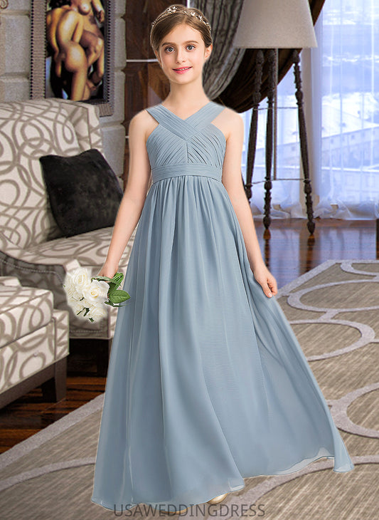 Madison A-Line V-neck Floor-Length Chiffon Junior Bridesmaid Dress With Ruffle DSP0013561