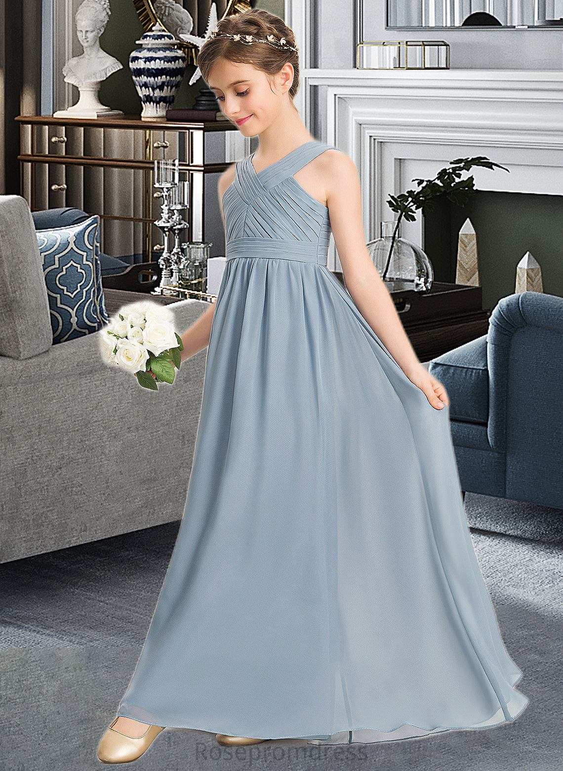 Shannon A-Line V-neck Floor-Length Chiffon Junior Bridesmaid Dress With Ruffle SRSP0013561