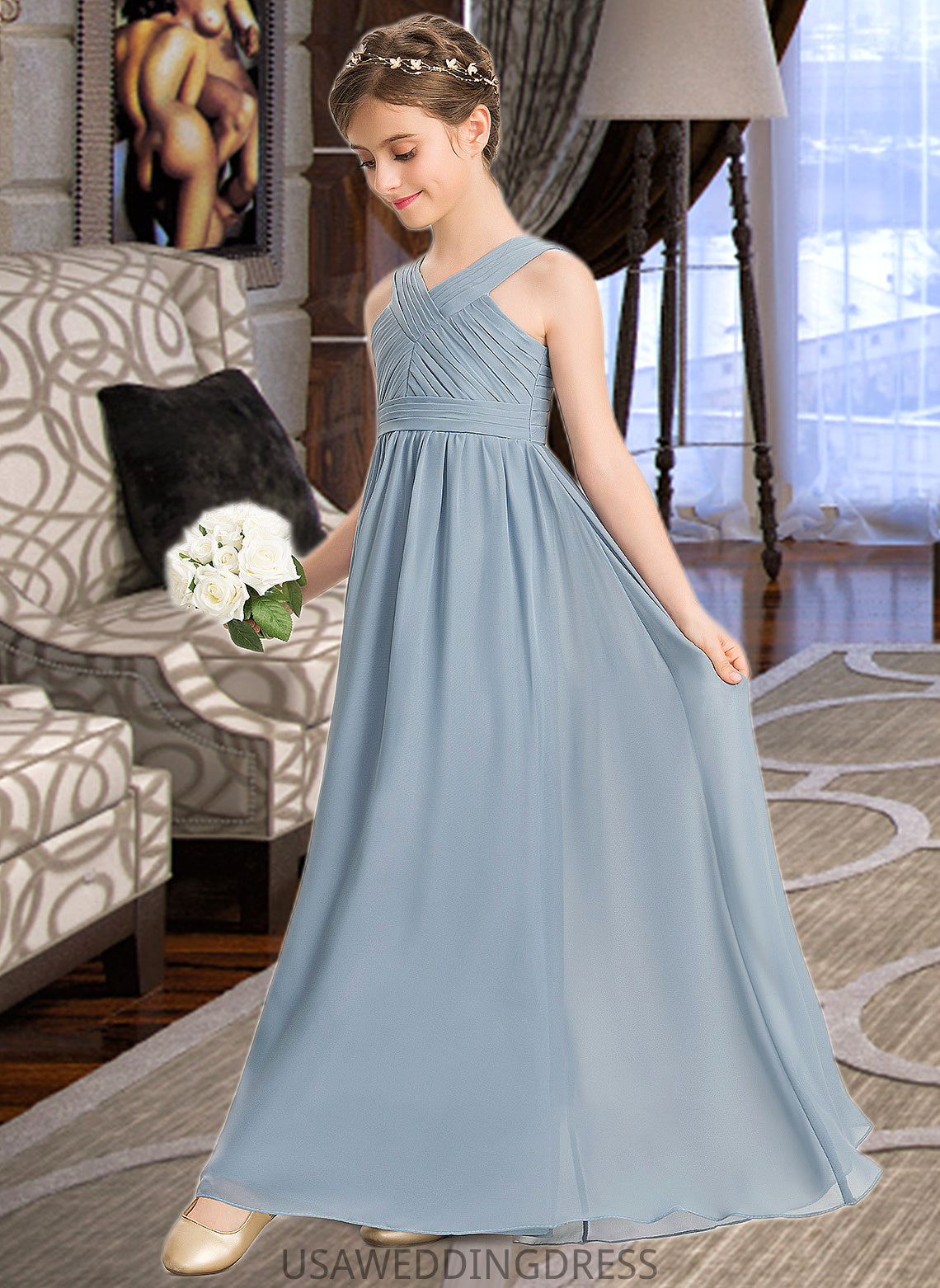 Madison A-Line V-neck Floor-Length Chiffon Junior Bridesmaid Dress With Ruffle DSP0013561