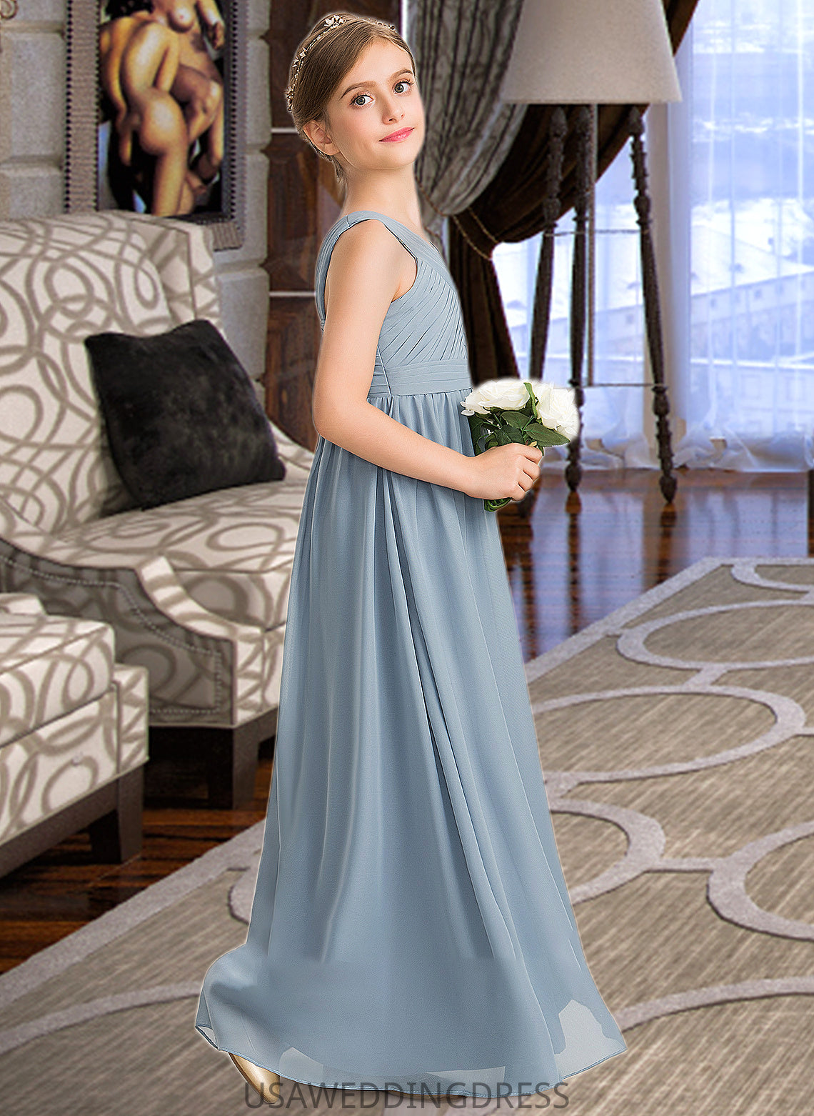 Madison A-Line V-neck Floor-Length Chiffon Junior Bridesmaid Dress With Ruffle DSP0013561