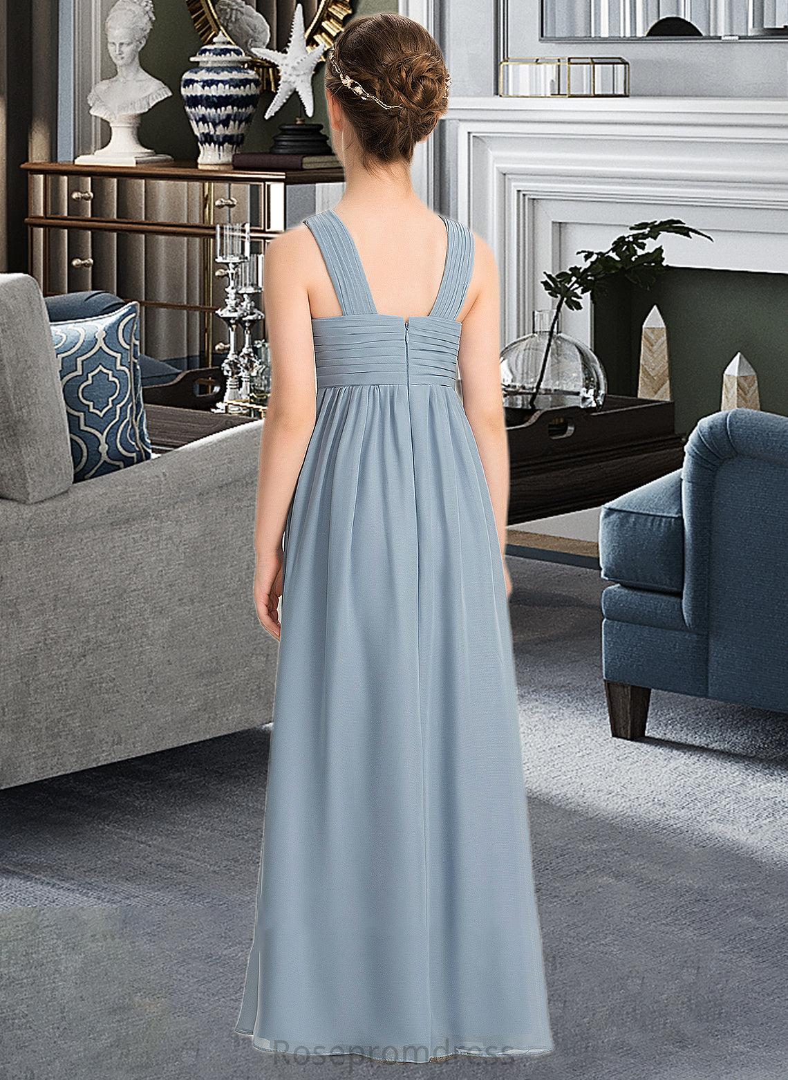 Shannon A-Line V-neck Floor-Length Chiffon Junior Bridesmaid Dress With Ruffle SRSP0013561