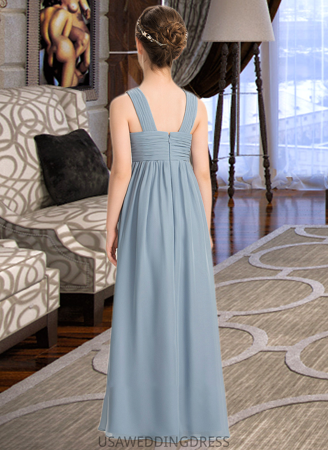 Madison A-Line V-neck Floor-Length Chiffon Junior Bridesmaid Dress With Ruffle DSP0013561