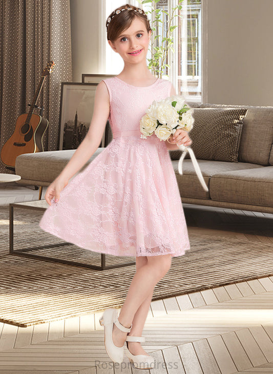 Urania A-Line Scoop Neck Knee-Length Lace Junior Bridesmaid Dress With Sash Bow(s) SRSP0013563