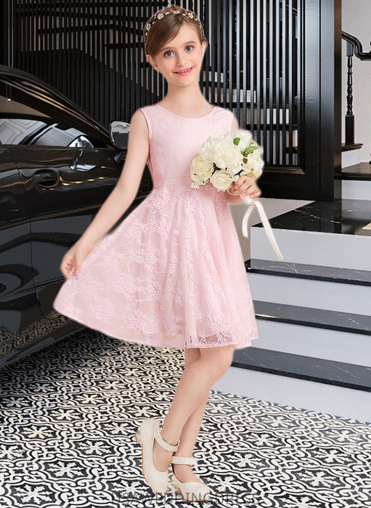 Ally A-Line Scoop Neck Knee-Length Lace Junior Bridesmaid Dress With Sash Bow(s) DSP0013563