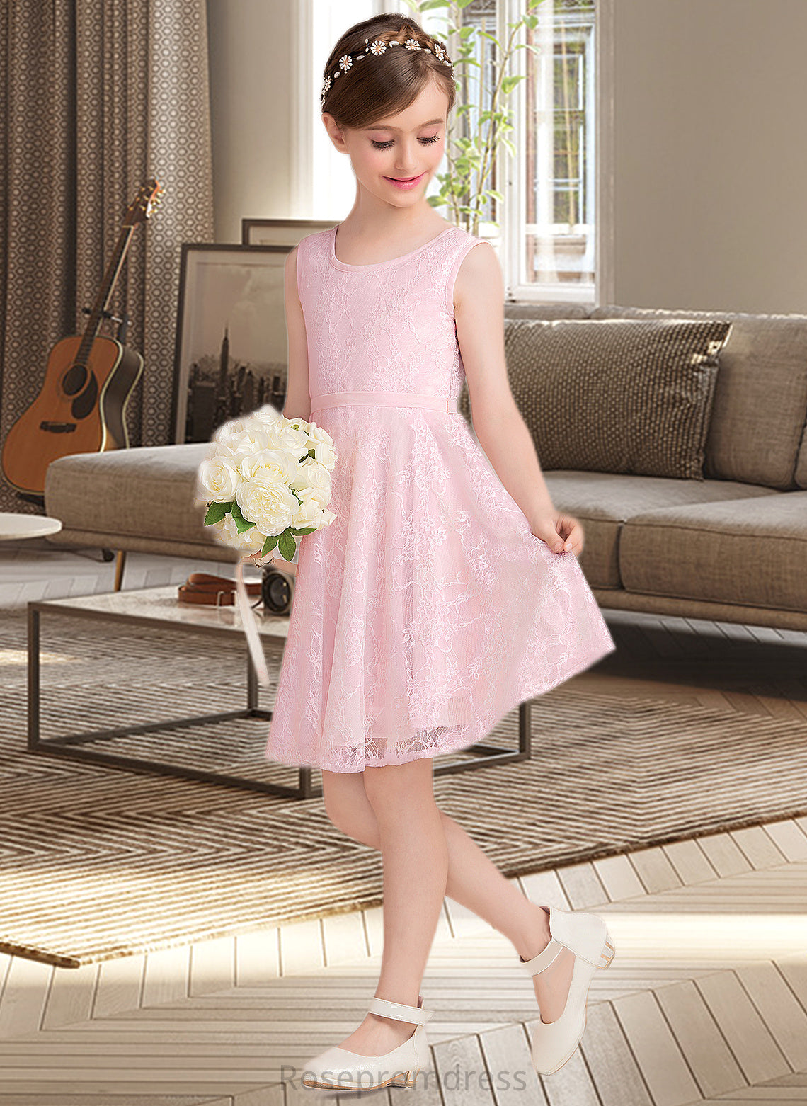 Urania A-Line Scoop Neck Knee-Length Lace Junior Bridesmaid Dress With Sash Bow(s) SRSP0013563