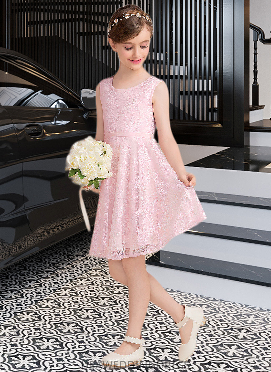 Ally A-Line Scoop Neck Knee-Length Lace Junior Bridesmaid Dress With Sash Bow(s) DSP0013563