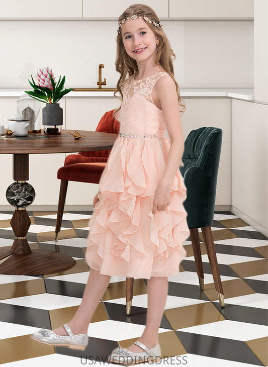 Myah A-Line Scoop Neck Knee-Length Chiffon Junior Bridesmaid Dress With Beading Sequins Cascading Ruffles DSP0013565