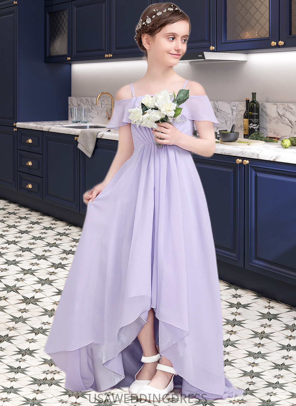 Destiney A-Line Off-the-Shoulder Asymmetrical Chiffon Junior Bridesmaid Dress With Cascading Ruffles DSP0013566