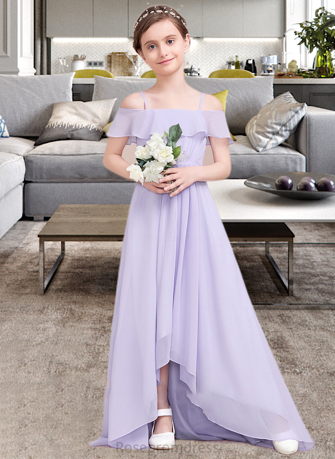 Amelie A-Line Off-the-Shoulder Asymmetrical Chiffon Junior Bridesmaid Dress With Cascading Ruffles SRSP0013566