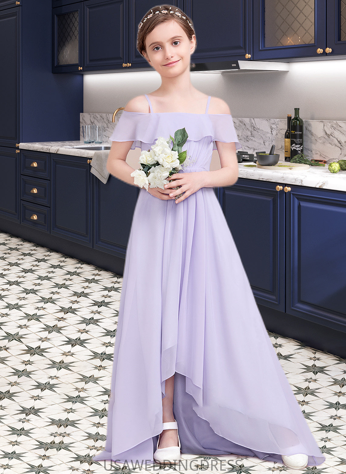 Destiney A-Line Off-the-Shoulder Asymmetrical Chiffon Junior Bridesmaid Dress With Cascading Ruffles DSP0013566