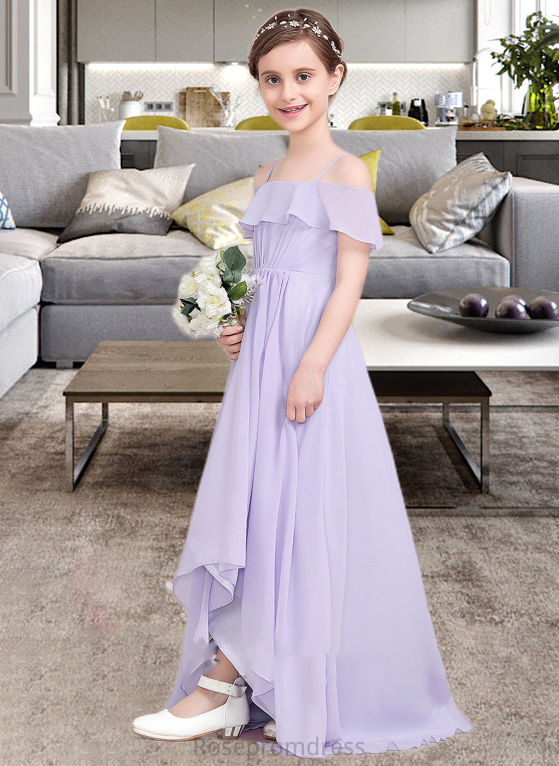 Amelie A-Line Off-the-Shoulder Asymmetrical Chiffon Junior Bridesmaid Dress With Cascading Ruffles SRSP0013566