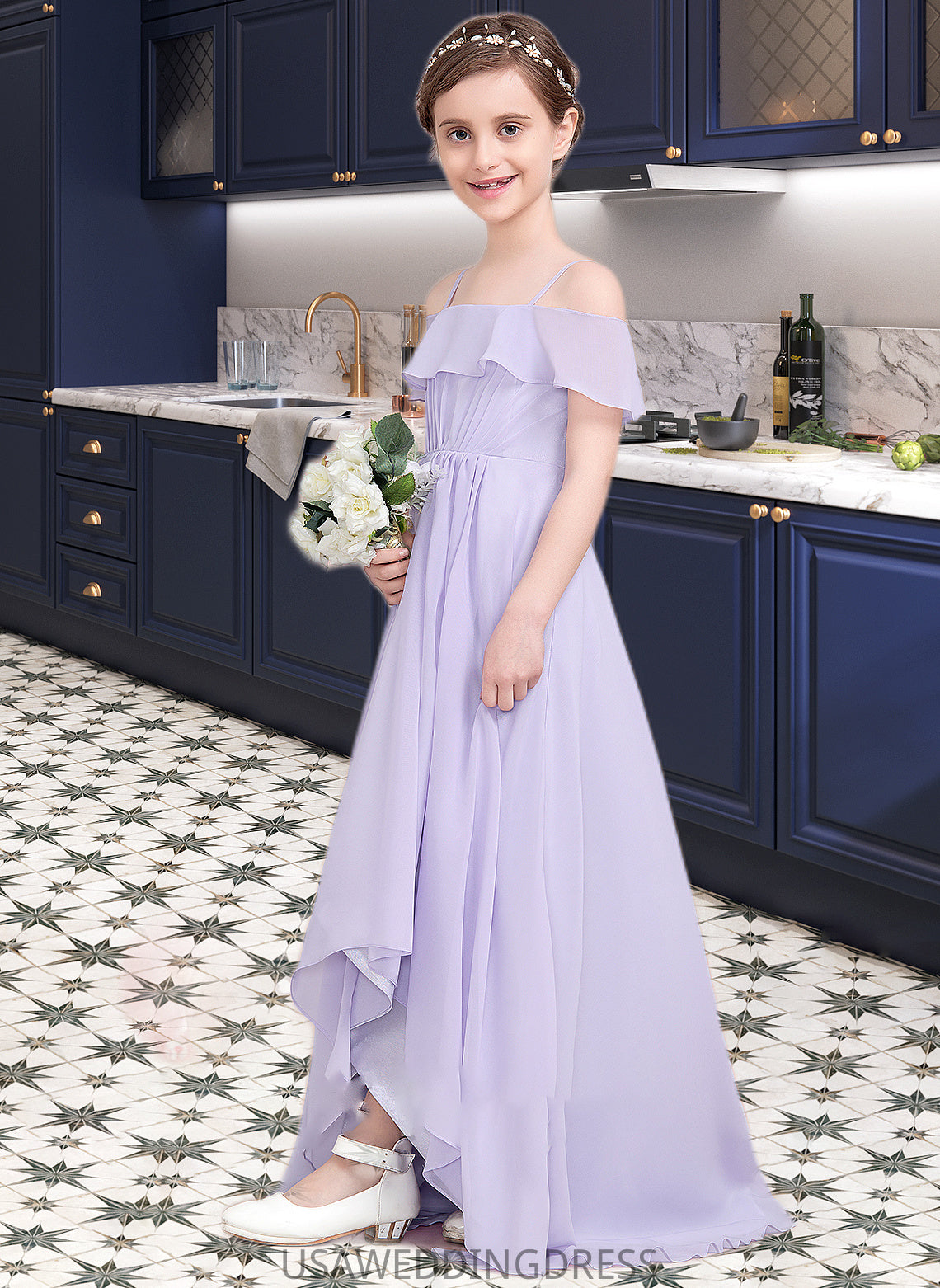 Destiney A-Line Off-the-Shoulder Asymmetrical Chiffon Junior Bridesmaid Dress With Cascading Ruffles DSP0013566