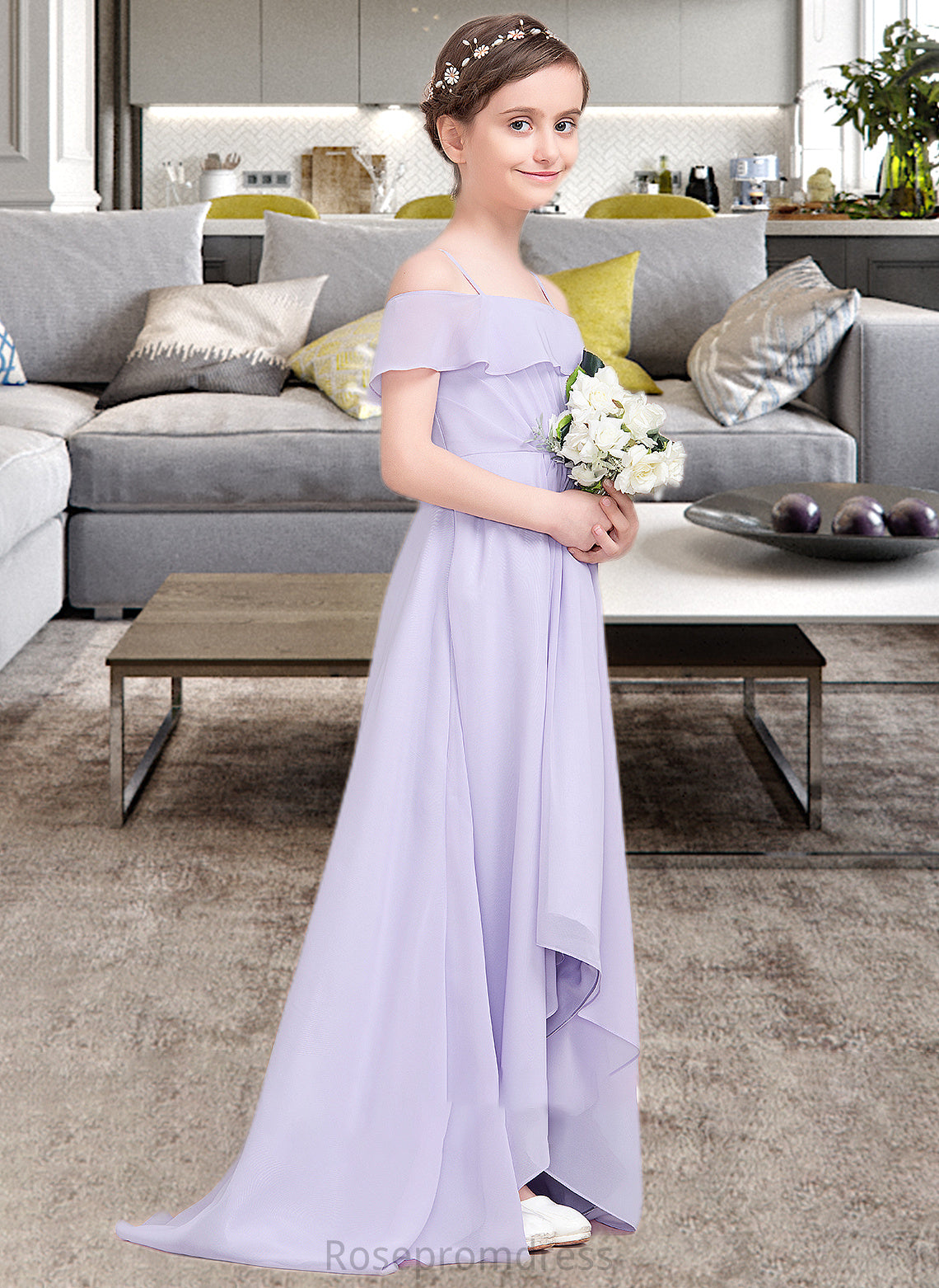 Amelie A-Line Off-the-Shoulder Asymmetrical Chiffon Junior Bridesmaid Dress With Cascading Ruffles SRSP0013566