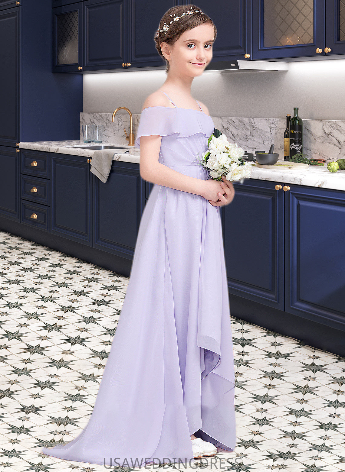 Destiney A-Line Off-the-Shoulder Asymmetrical Chiffon Junior Bridesmaid Dress With Cascading Ruffles DSP0013566