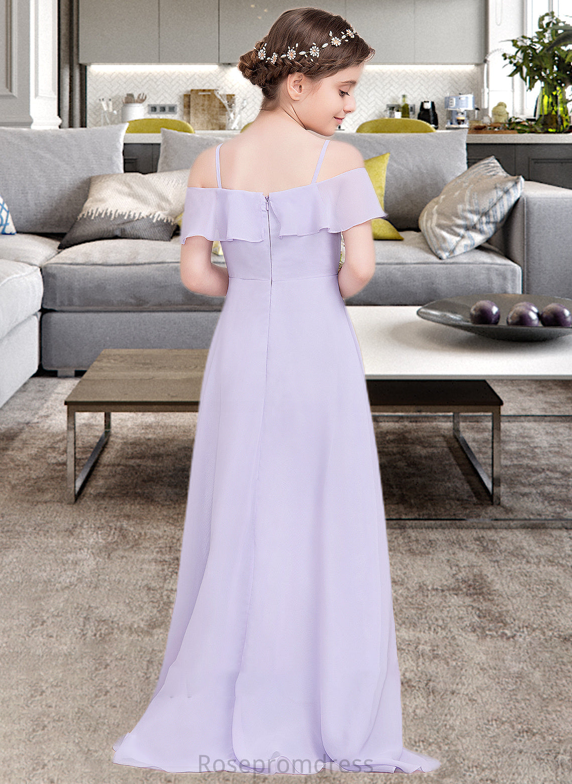 Amelie A-Line Off-the-Shoulder Asymmetrical Chiffon Junior Bridesmaid Dress With Cascading Ruffles SRSP0013566