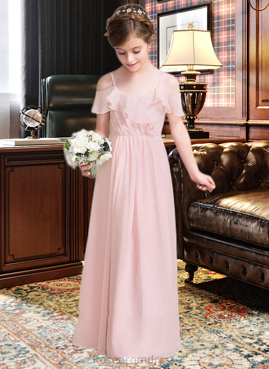 Elisabeth A-Line V-neck Floor-Length Chiffon Junior Bridesmaid Dress With Cascading Ruffles SRSP0013567