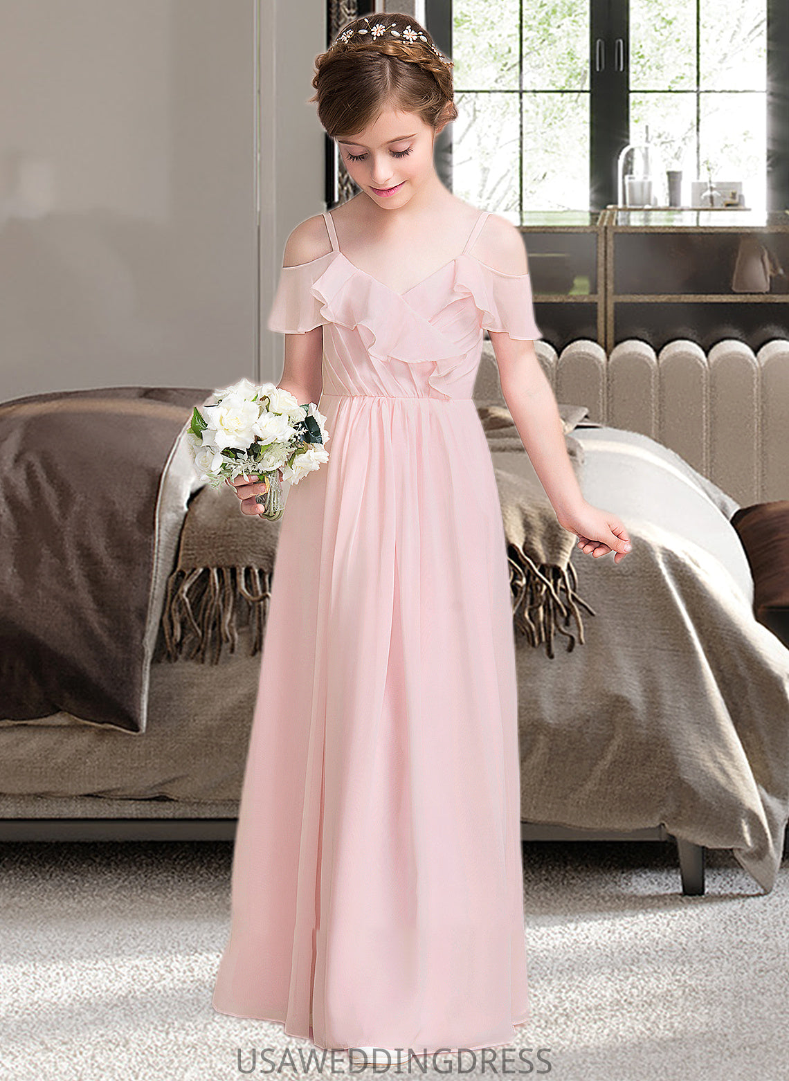 Alisa A-Line V-neck Floor-Length Chiffon Junior Bridesmaid Dress With Cascading Ruffles DSP0013567