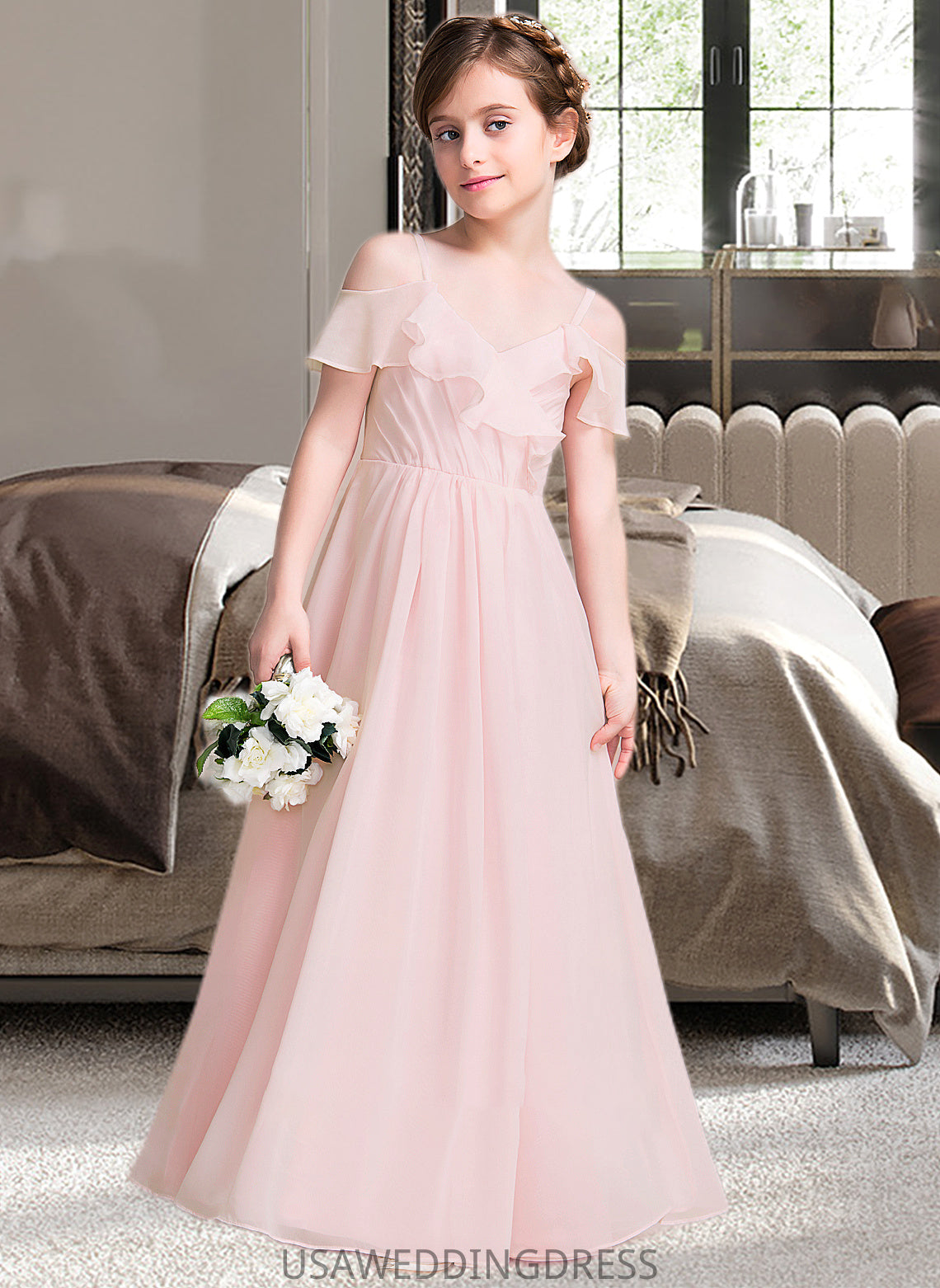 Alisa A-Line V-neck Floor-Length Chiffon Junior Bridesmaid Dress With Cascading Ruffles DSP0013567