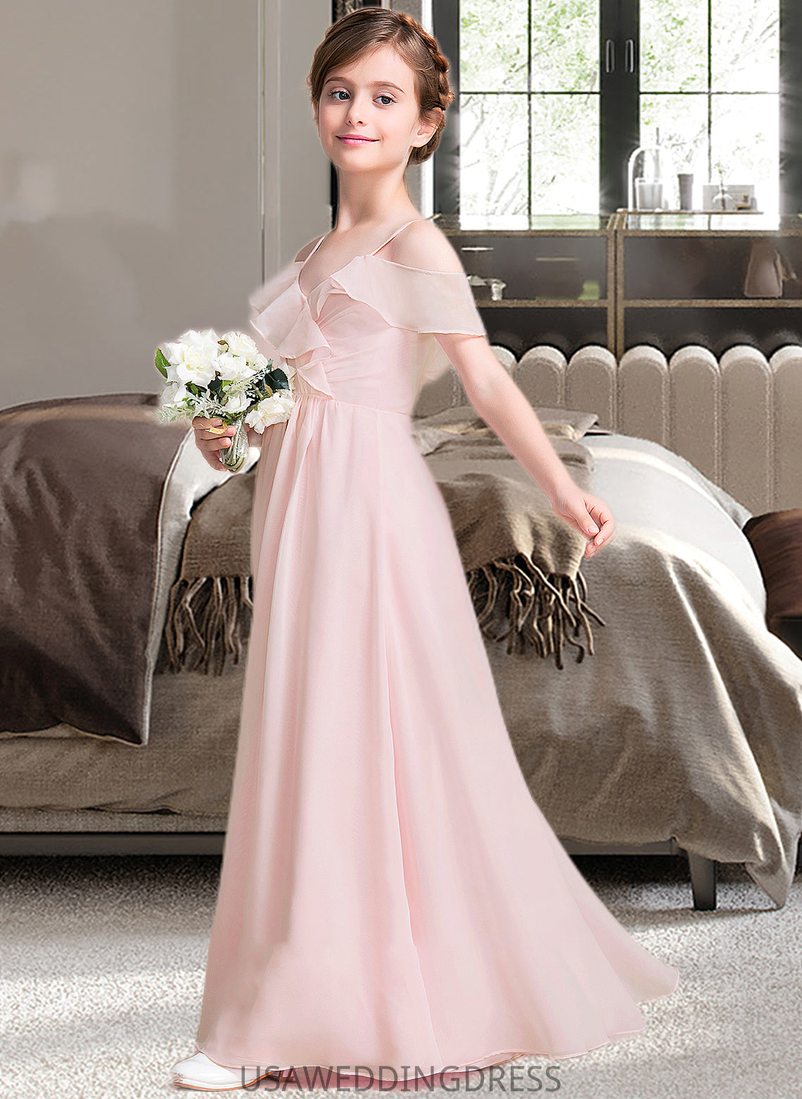 Alisa A-Line V-neck Floor-Length Chiffon Junior Bridesmaid Dress With Cascading Ruffles DSP0013567