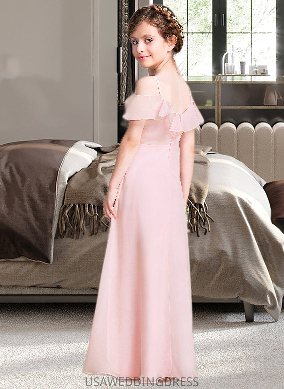 Alisa A-Line V-neck Floor-Length Chiffon Junior Bridesmaid Dress With Cascading Ruffles DSP0013567