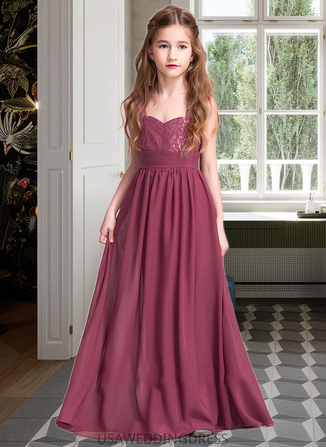 Charlotte A-Line Sweetheart Floor-Length Chiffon Junior Bridesmaid Dress With Ruffle DSP0013568