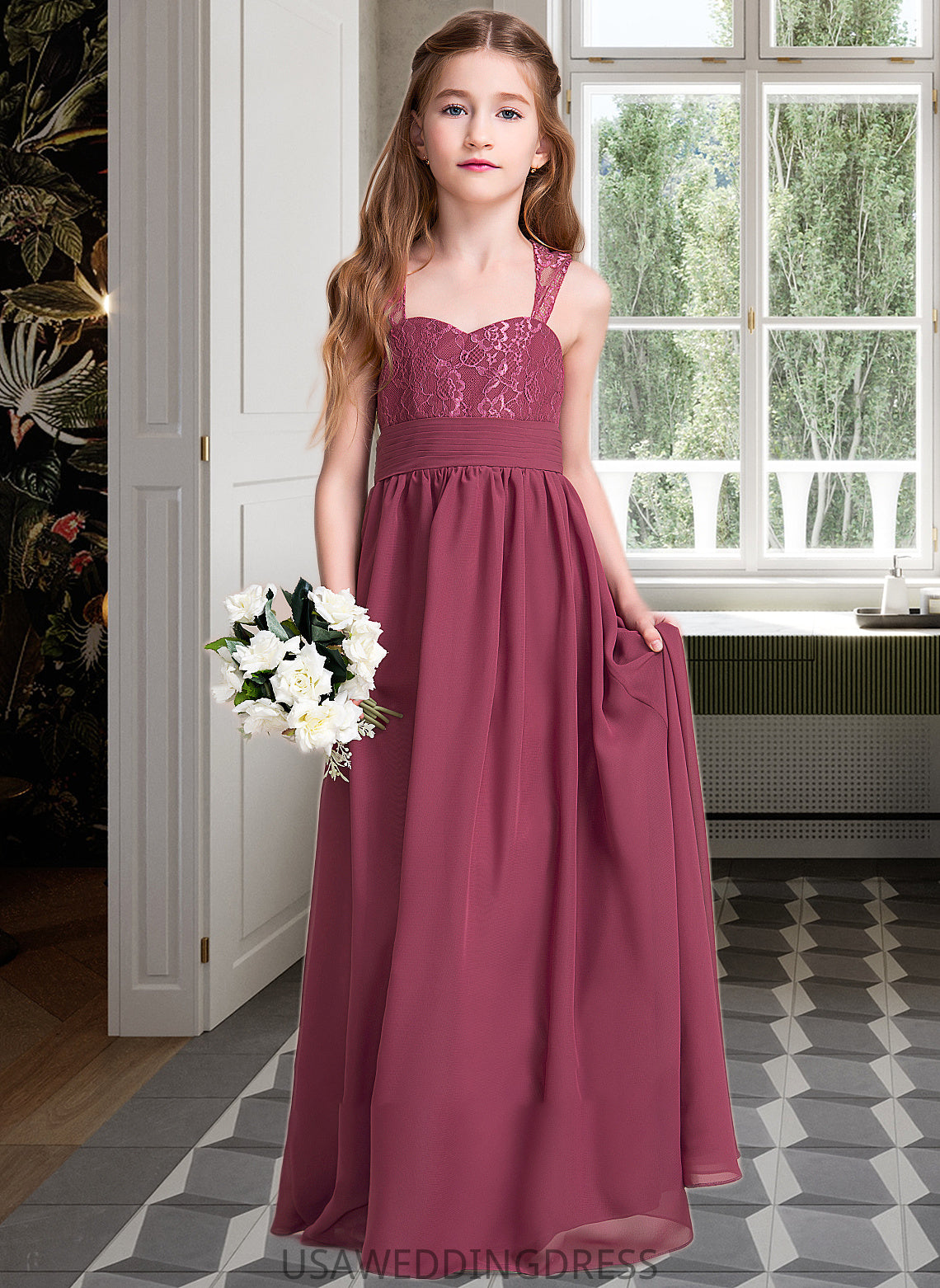 Charlotte A-Line Sweetheart Floor-Length Chiffon Junior Bridesmaid Dress With Ruffle DSP0013568