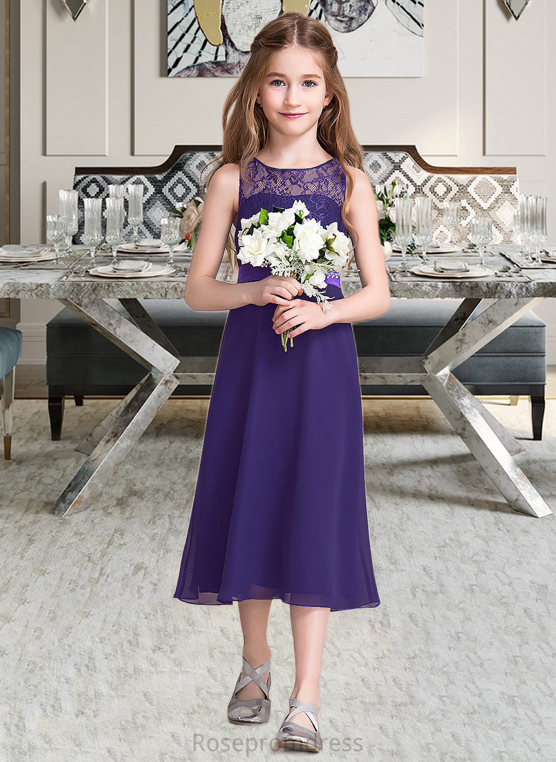 Shaniya A-Line Scoop Neck Tea-Length Chiffon Junior Bridesmaid Dress SRSP0013569