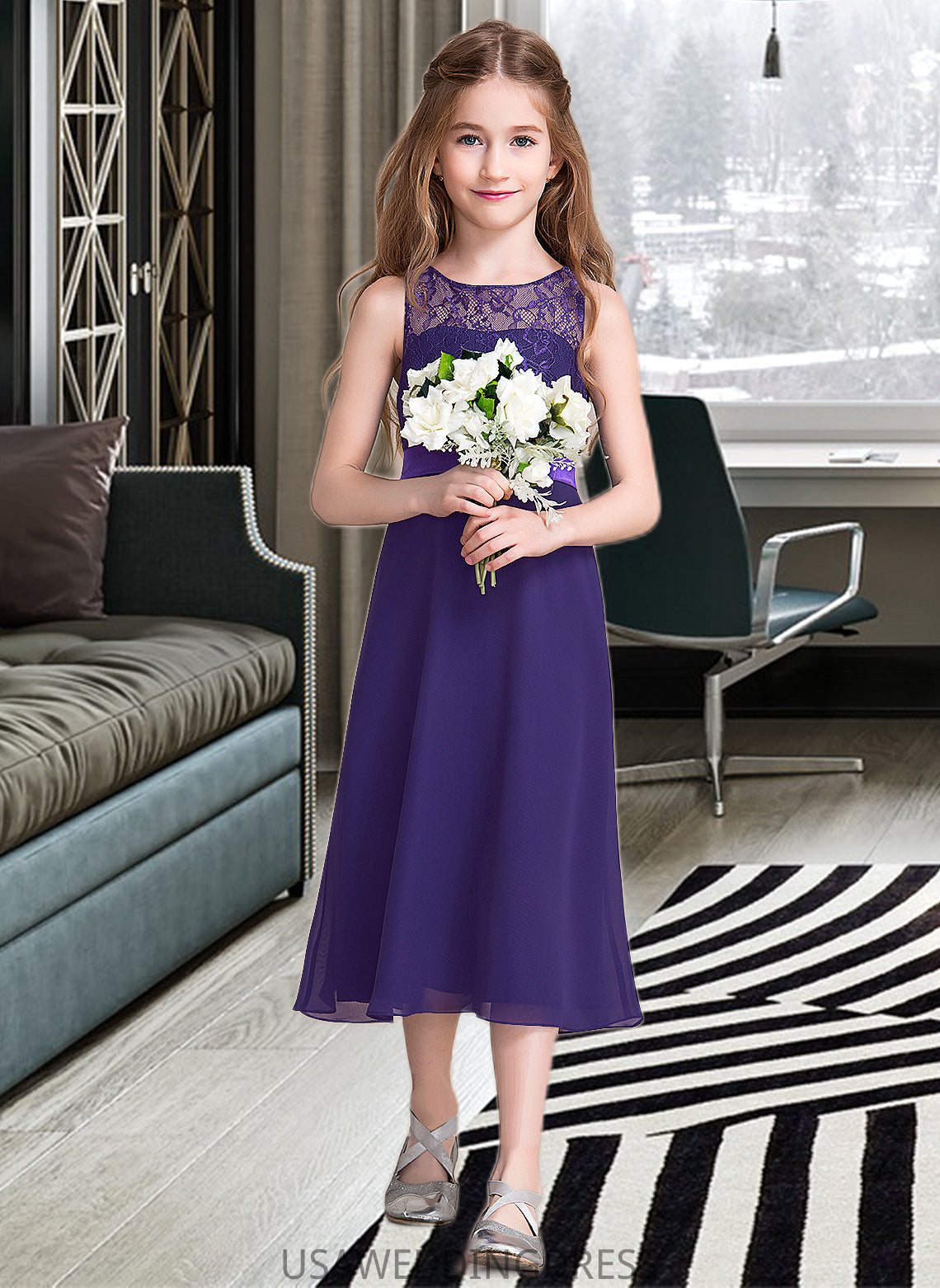 Kennedi A-Line Scoop Neck Tea-Length Chiffon Junior Bridesmaid Dress DSP0013569