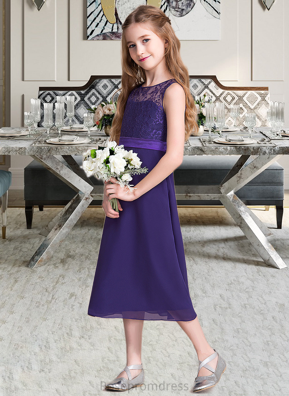 Shaniya A-Line Scoop Neck Tea-Length Chiffon Junior Bridesmaid Dress SRSP0013569