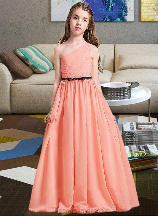 Cecelia A-Line One-Shoulder Floor-Length Chiffon Junior Bridesmaid Dress With Ruffle Bow(s) SRSP0013570