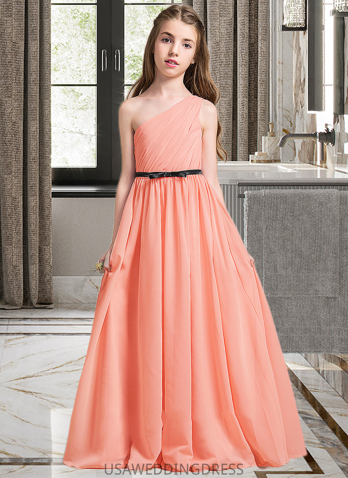 Jazmin A-Line One-Shoulder Floor-Length Chiffon Junior Bridesmaid Dress With Ruffle Bow(s) DSP0013570