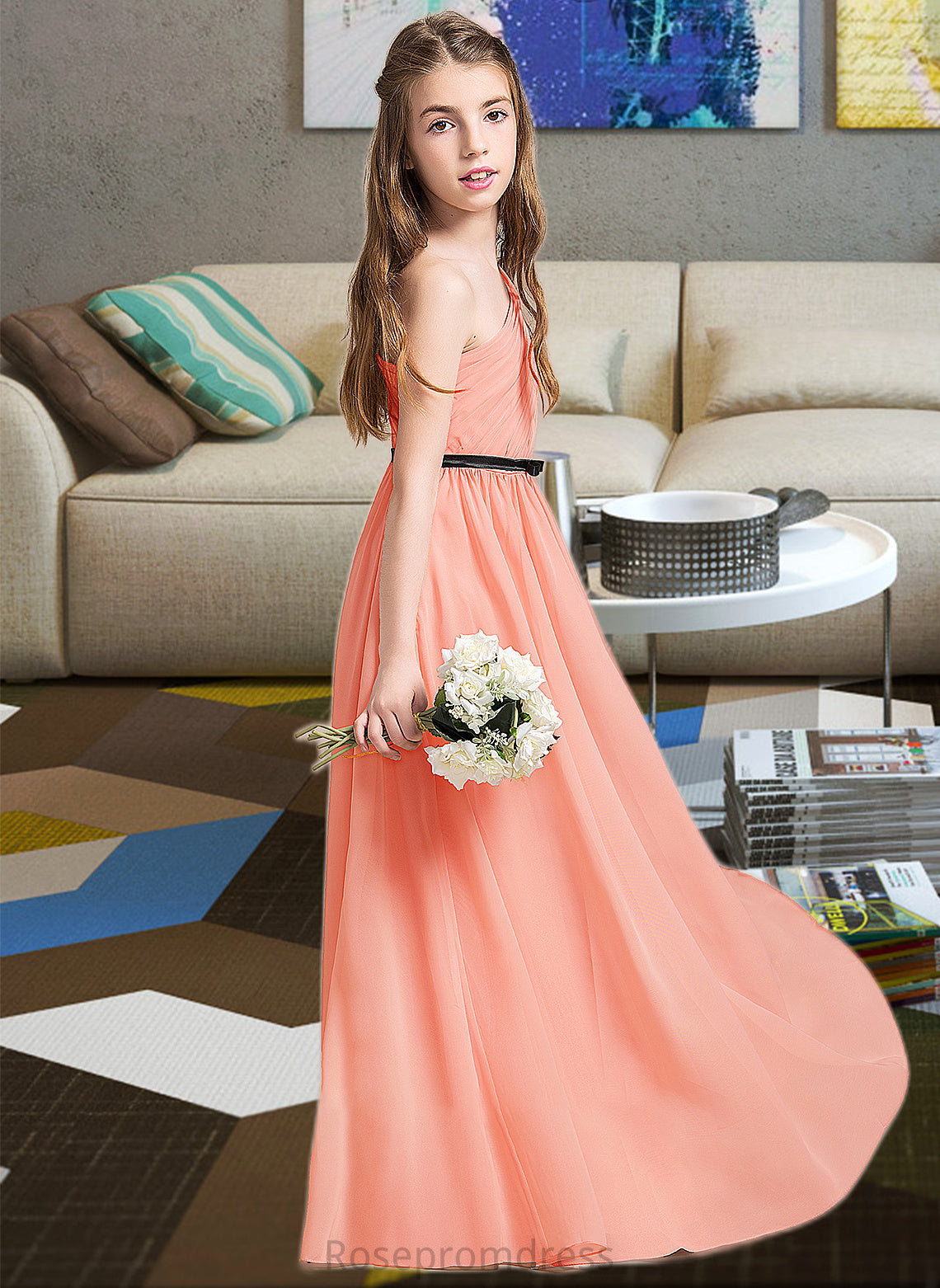 Cecelia A-Line One-Shoulder Floor-Length Chiffon Junior Bridesmaid Dress With Ruffle Bow(s) SRSP0013570