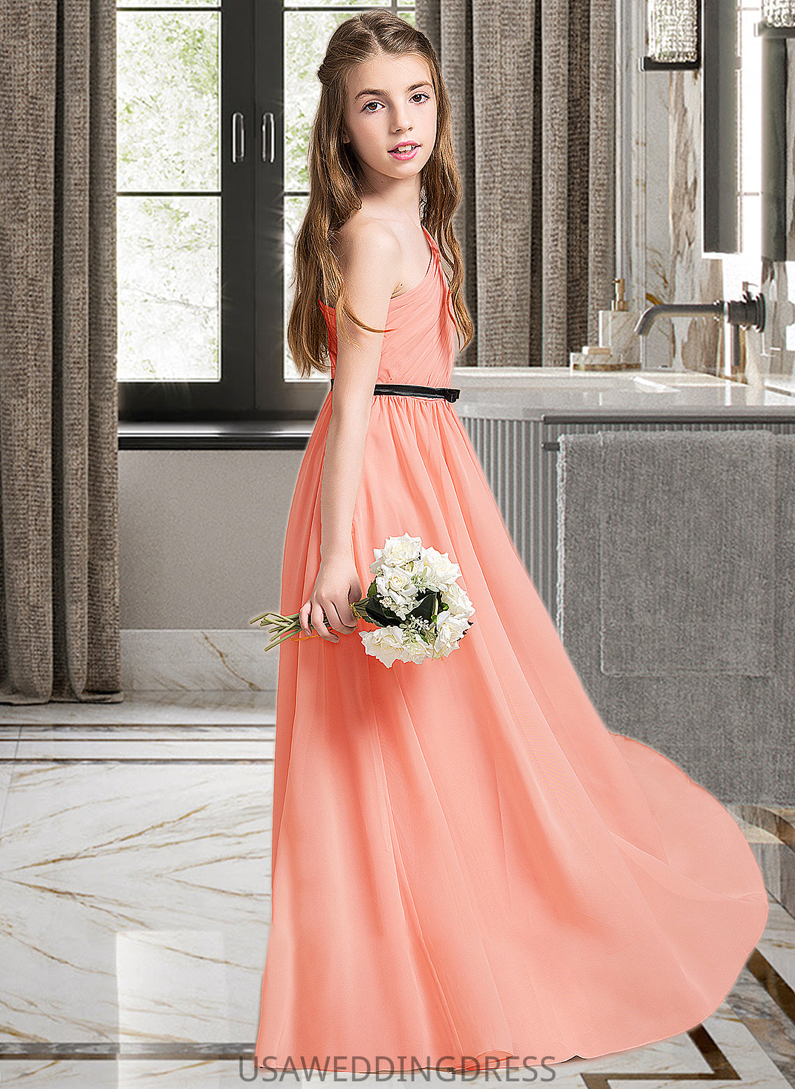 Jazmin A-Line One-Shoulder Floor-Length Chiffon Junior Bridesmaid Dress With Ruffle Bow(s) DSP0013570