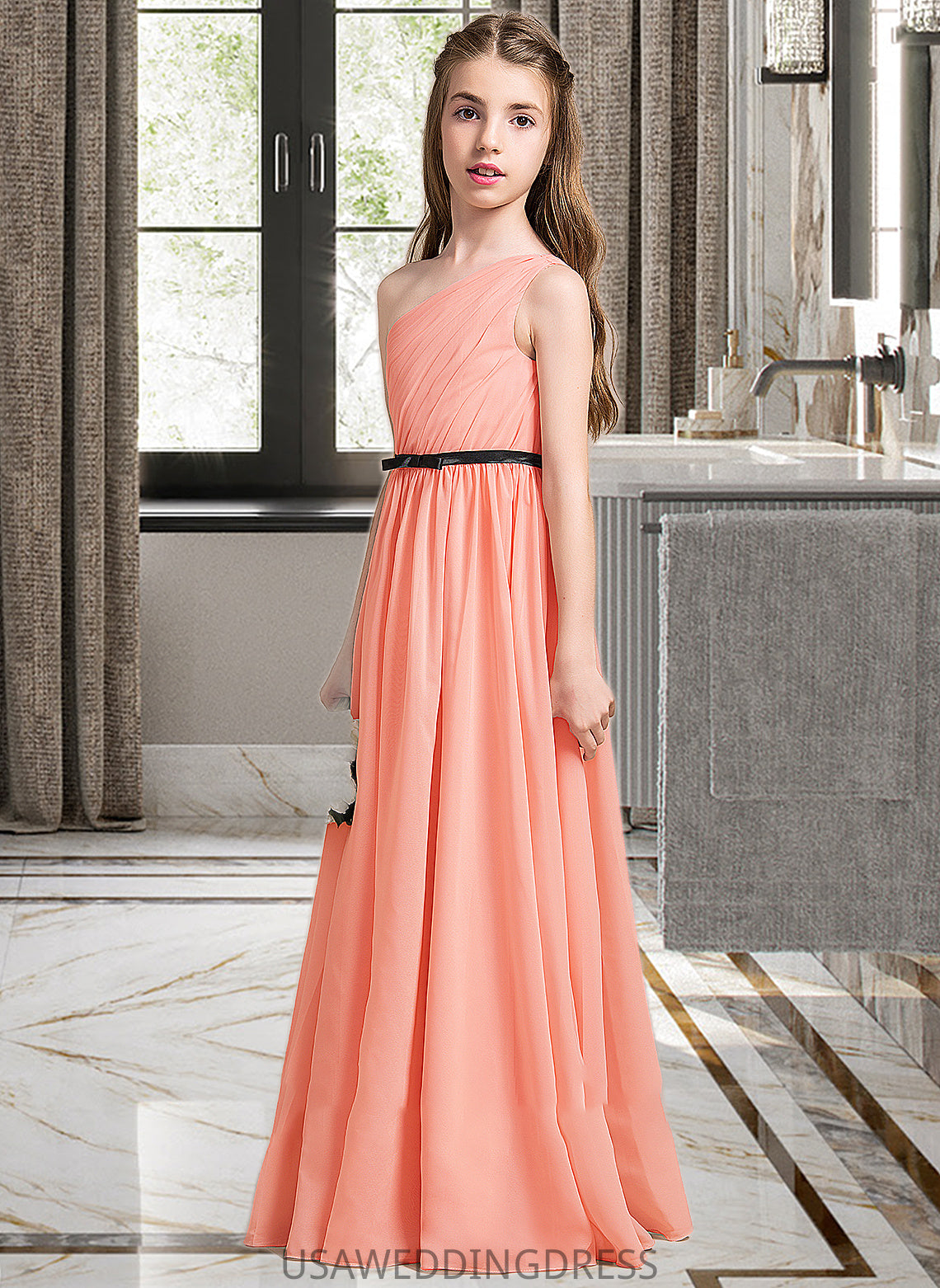 Jazmin A-Line One-Shoulder Floor-Length Chiffon Junior Bridesmaid Dress With Ruffle Bow(s) DSP0013570