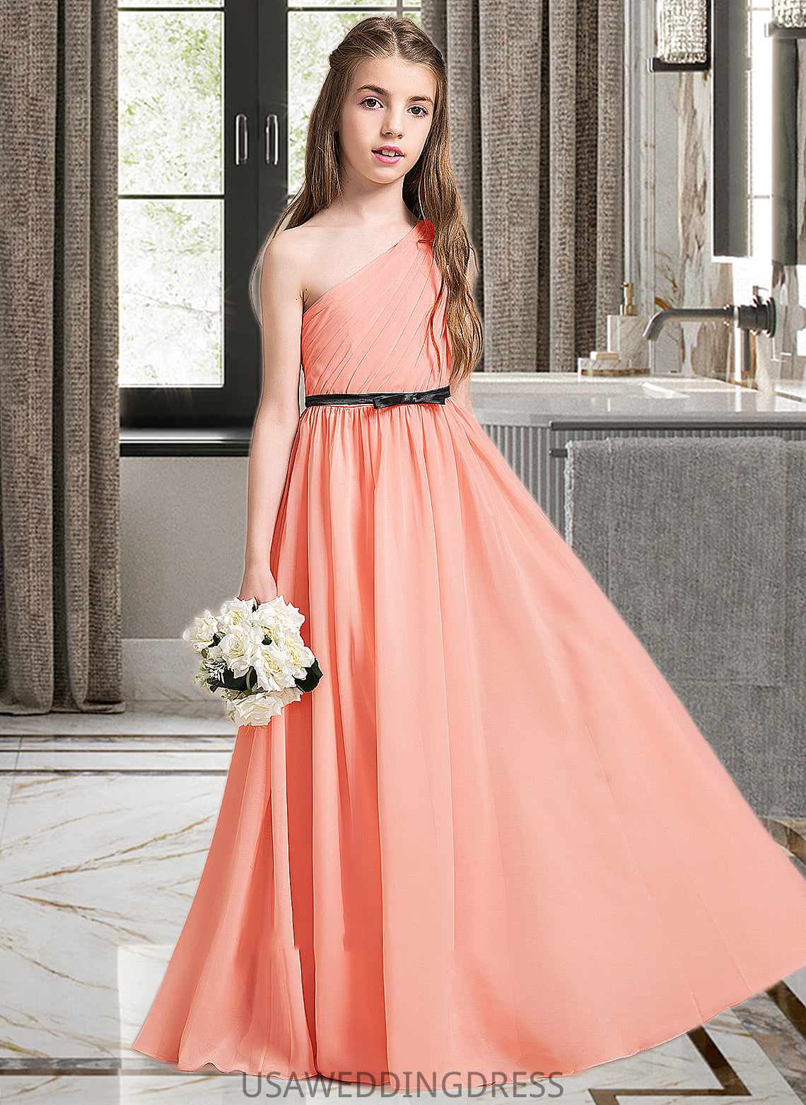 Jazmin A-Line One-Shoulder Floor-Length Chiffon Junior Bridesmaid Dress With Ruffle Bow(s) DSP0013570